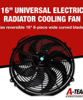 Heavy Duty 16 Inch Radiator Electric Cooling Fan Featuring Slick Reversible Push Pull Setup For Cars And Trucks To Deliver Killer 3000 CFM Airflow Alongside Easy Plug And Play Thermostat And Solid Bracket Kit with 8-piece blades