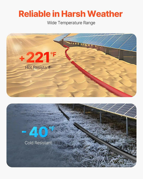 10 AWG Solar Panel Extension Cable in desert and frost with 221°F and -40°F temperature ratings