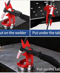 Themethla red magnetic TIG welding torch holder with magnet base; shown mounted on welder, under table, and on table.