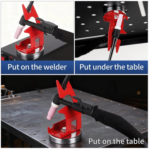 Themethla red magnetic TIG welding torch holder with magnet base; shown mounted on welder, under table, and on table.