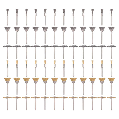 72 Pack Brass And Steel Wire Wheel Brushes Set With One Eighth Inch Shank For Rotary Tools displayed in rows