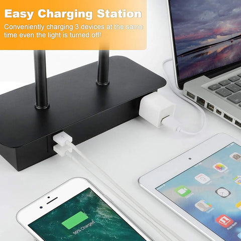 3-Way Dimmable Noiseless Touch Control Table Lamp with 2 USB Ports and AC Outlet, charging phone and tablet on desk