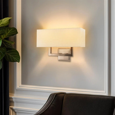 Haven 16 Inch 2 Light Totally Chic Modern Wall Sconce With White Fabric Shade For Bathrooms And Hallways Mid Century Rectangular Silver Wall Light In Brushed Nickel Finish