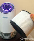 Triple Filtration Air Purifier Replacement Filter Set With Pre Filter True HEPA And Activated Charcoal shown next to AerClear purifier