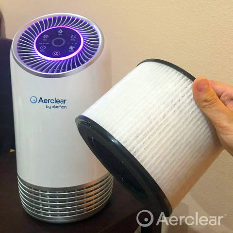 Triple Filtration Air Purifier Replacement Filter Set With Pre Filter True HEPA And Activated Charcoal shown next to AerClear purifier