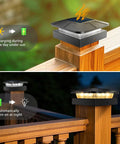 Image of Two Pack Solar Post Cap Lights For Outdoor Fences Deck Waterproof LED Railing Caps on wooden posts during day and night.