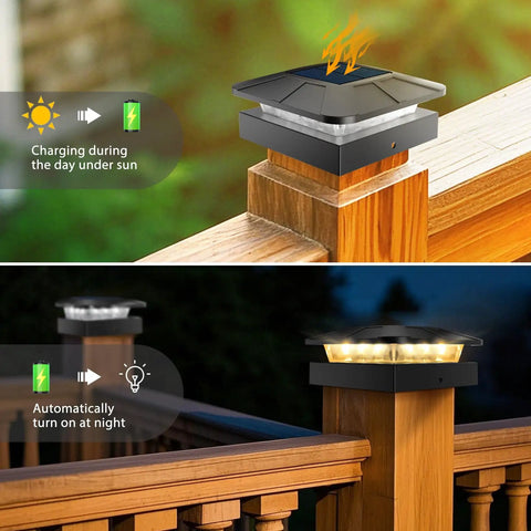 Image of Two Pack Solar Post Cap Lights For Outdoor Fences Deck Waterproof LED Railing Caps on wooden posts during day and night.