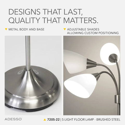 Arc Floor Lamp With Five Movable Shades And Dimmable Brightness In Brushed Steel Finish showing base and adjustable shades details