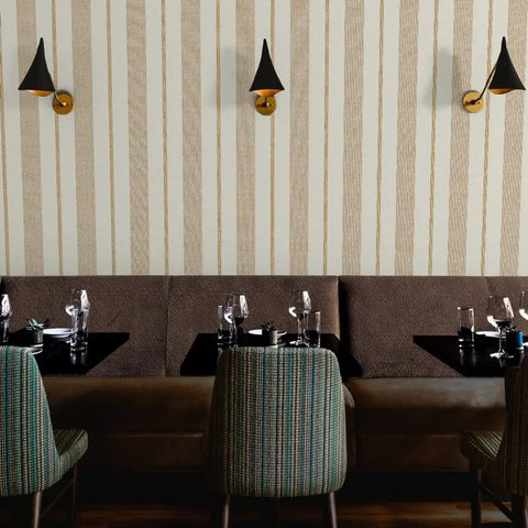 Rich Cream And Modern Gold Vinyl Wallcovering Boasts Subtle Leather Texture For Commercial Grade Heavy Duty Wear And Gets Custom Printed Just For You To Spark A Major Room Glow Up Today in restaurant interior.