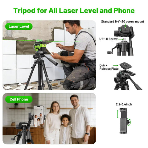 Man using Pro Grade Adjustable Laser Level Tripod Extends Up To 62 Inch with 5/8-11 Flat Head securing laser level setup