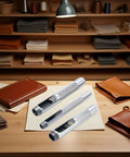 Three-Piece Grommet Hole Punch Set For Leatherworking, Heavy Duty Steel Hollow Punches On Table In Leather Workshop