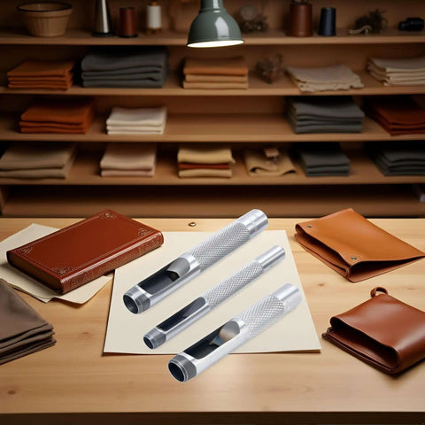 Three-Piece Grommet Hole Punch Set For Leatherworking, Heavy Duty Steel Hollow Punches On Table In Leather Workshop