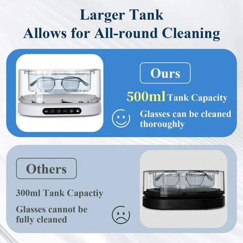 Comparison of 48KHz Ultrasonic Jewelry Cleaner With Five Cleaning Modes, showing 500ML tank vs 300ML for eyeglass cleaning