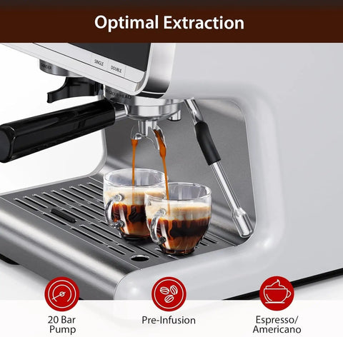 Semi Automatic Espresso Machine Featuring Built In Conical Burr Grinder And No Sweat Milk Frother Steam Wand With 20 Bar Pressure brewing two shots of espresso.