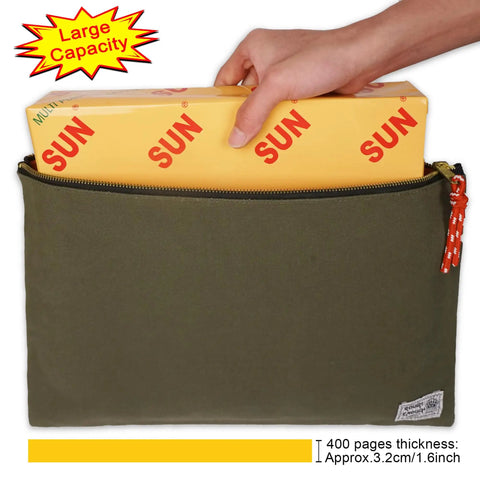 Heavy Duty Canvas Document Holder And Large File Folder Organizer Pouch For legal And Letter Size Papers With Secure Zipper Closure making No Sweat Organizing Effortless A Straight Up Game Changer For Daily Office Routines in army green with a box being inserted.
