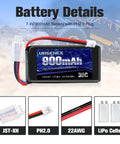 Beefy 7.4V LiPo Battery 2S 30C Burst 60C 900mAh With PH2.0 Plug details, RC cars compatible