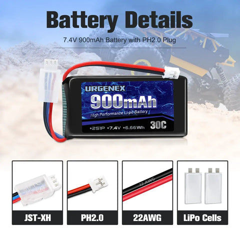 Beefy 7.4V LiPo Battery 2S 30C Burst 60C 900mAh With PH2.0 Plug details, RC cars compatible