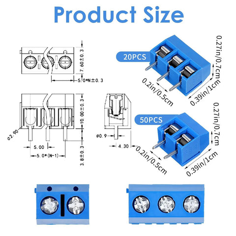 Technical diagram and side view of Blue 70 Pieces 2 Pin And 3 Pin 5mm Pitch PCB Mount Screw Terminal Blocks Pack For Cable Connections 300V 10A
