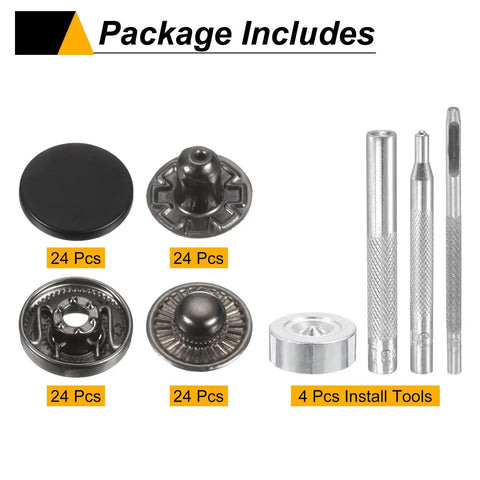 24 Piece Leather Snap Fastener Kit Matte Black 20mm Brass Press Stud Buttons With 4 Install Tools For Coats Bags Leather Marine Canvas DIY Friendly Heavy Duty Set