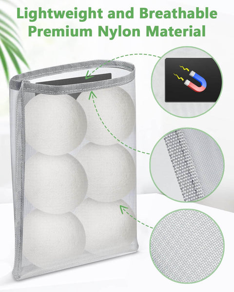 Magnetic Wool Dryer Balls Holder With Large Nylon Storage Bag for Laundry Room Organization, holding six 3.5 inch wool balls.