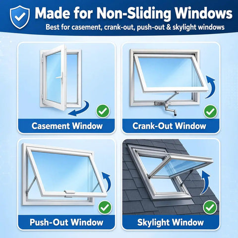 Charts showing casement, crank-out, push-out, and skylight windows compatible with 200cm Portable AC Window Seal Kit