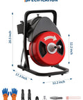 50 Foot By Half Inch Automatic Feed Drain Cleaning Machine Sewer Snake Auger With Cutter side view with dimensions and tools included.