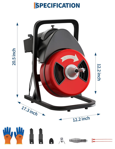 50 Foot By Half Inch Automatic Feed Drain Cleaning Machine Sewer Snake Auger With Cutter side view with dimensions and tools included.