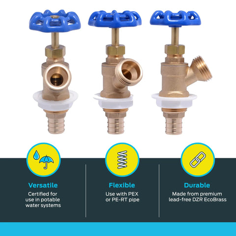 Three Go-To Brass Crimp Boiler Drain Valve 3/4 Inch By 3/4 Inch MHT With Garden Hose Outlet, easy multi-turn shutoff valves