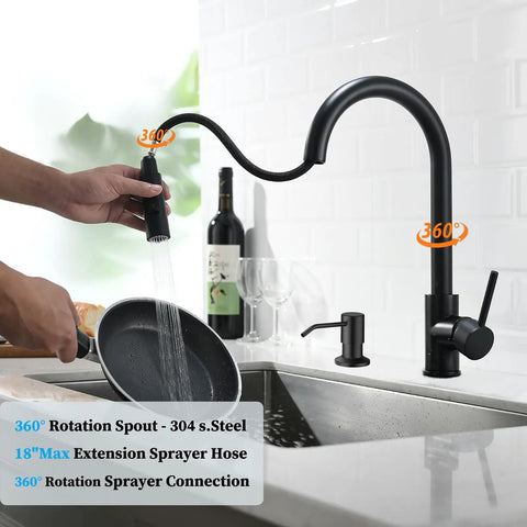 Black Kitchen Faucet With Pull Down Sprayer High Arc Stainless Steel Matte Black Finish Lead Free SUS304 CUPC Cartridge No Deck Plate Includes Extra Sprayer Head And Spare Soap Dispenser Easy Clean in use, showcasing 360-degree swivel.