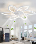 Low Profile Bladeless Ceiling Fan With Lights And Remote Control 6 Speed Wind 3 Color Temperatures Quiet Reversible DC Motor Flush Mount Smart Timing 66W White shown in living room setting with remote control