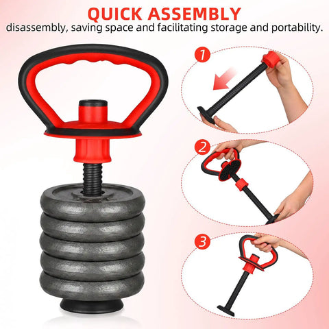 Dope Adjustable Kettlebell Handle Grip for Dumbbells with stable plastic base shown in assembly steps, ergonomic red handle.