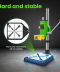 Upgrade Floor Drill Press Rotary Tool Stand With 90 Degree Rotating Table Fixed Frame Clamp shown in metal frame.