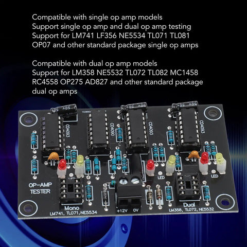 Pro Grade Op Amp Testing Module For Single And Dual Op Amp Boards Compatible With LM741 LF356 NE5534, top view with labels.