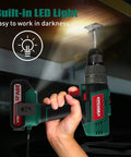 Cordless Hammer Drill Driver 20V With Side Handle and LED light drilling into wood with 400 inch lbs torque in dark area