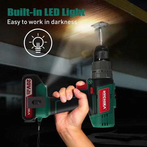 Cordless Hammer Drill Driver 20V With Side Handle and LED light drilling into wood with 400 inch lbs torque in dark area