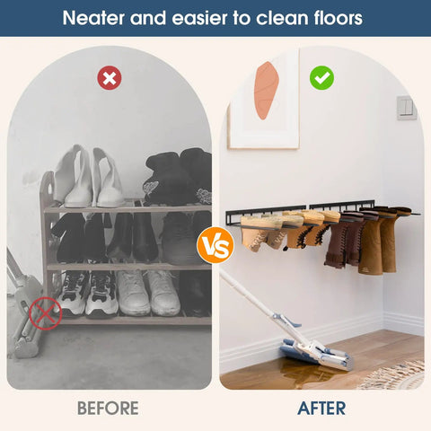Two Pack Wall Mounted Boot Rack For Tall Boots And Cowboy Boots, Industrial Metal Shoe Organizer With Inverted Hanger Drying Method showcased in a before and after cleaning comparison