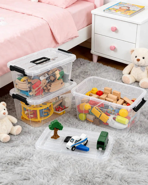 Six Pack Clear Plastic Storage Bins With Lids 7 Quart Stackable Containers Featuring Secure Buckle Seals And Sturdy Handles For A Big Time Clean Room Refresh That Is A Legit Game Changer Day One