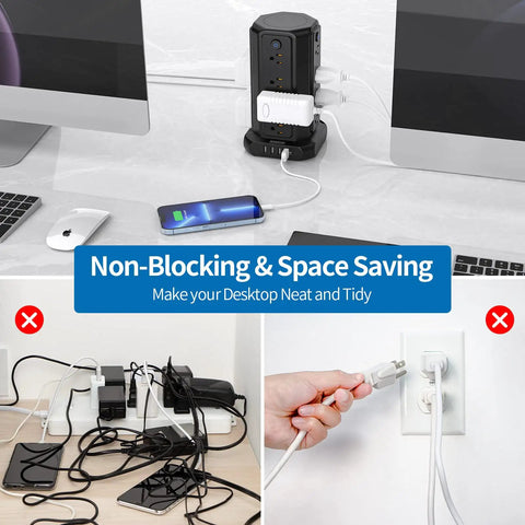 Ultimate Surge Protector Power Strip Tower with 16 Widely Spaced Outlets and 4 USB Ports next to computer monitors.