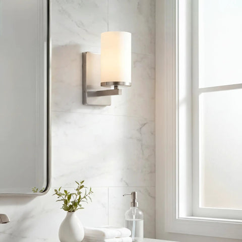 Crosby 9.25 Inch Wall Sconce In Brushed Nickel, 1 Light Low Key Chic Hallway Or Bathroom Vanity Light With Satin Etched Cased Opal Glass