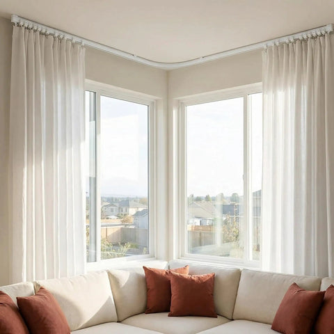Flexible Bendable Ceiling Curtain Track 5 Meters Long For Room Dividers Window Treatments Shower Stalls RVs And Trailers A Dope Versatile Multi Purpose Ceiling Track For Curtains That Fits Any Layout installed with white curtains in a bay window