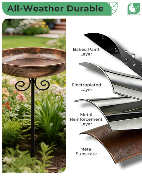 Durable Metal Bird Bath With Stake, 10 Inch Diameter Bowl, 0.4 Gallon Capacity, Outdoor Garden Yard Lawn Decor in garden setting.