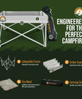 Portable 24 Inch Collapsible Fire Pit For Camping And Backyard, showing aluminum frame, ember guards, fire mesh, and carrying case.