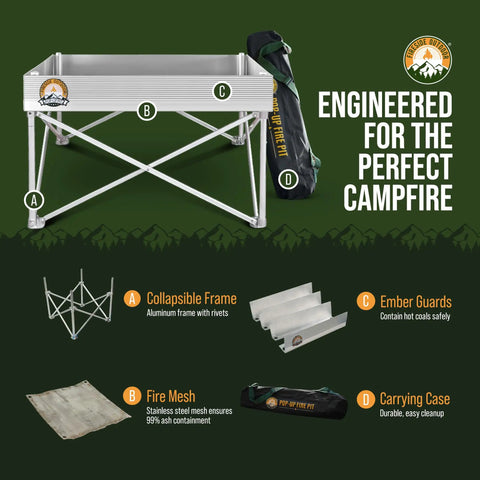 Portable 24 Inch Collapsible Fire Pit For Camping And Backyard, showing aluminum frame, ember guards, fire mesh, and carrying case.
