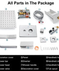 All Metal 3 In 1 Rain Shower System With Square Rainfall Head, Waterfall Shower, Handheld Sprayer parts laid out in package