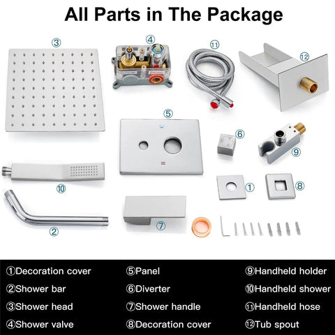 All Metal 3 In 1 Rain Shower System With Square Rainfall Head, Waterfall Shower, Handheld Sprayer parts laid out in package