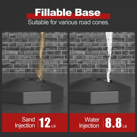 Fillable base options with sand and water injection for Two Pack Traffic Delineator Cones For Heavy Duty Parking Lot Safety