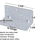 20 Pack Heavy Duty L Angle Corner Braces 16 Gauge Steel Joist Connectors Pre Drilled Holes showing dimensions and detailed design.