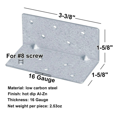 20 Pack Heavy Duty L Angle Corner Braces 16 Gauge Steel Joist Connectors Pre Drilled Holes showing dimensions and detailed design.