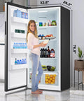 Big Boy 21 Cubic Foot Upright Freezer And Convertible Refrigerator With Glass Shelves Frost Free Setup LED lighting in kitchen.