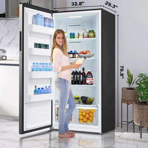 Big Boy 21 Cubic Foot Upright Freezer And Convertible Refrigerator With Glass Shelves Frost Free Setup LED lighting in kitchen.